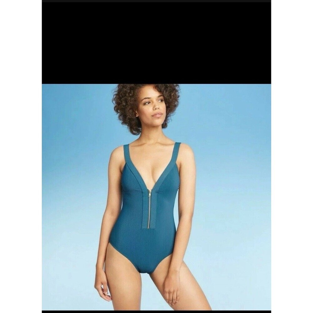 Kona Sol Womens Ribbed Zipper Med Coverage Swimsuit Superior Blue OnePiece Sz S
